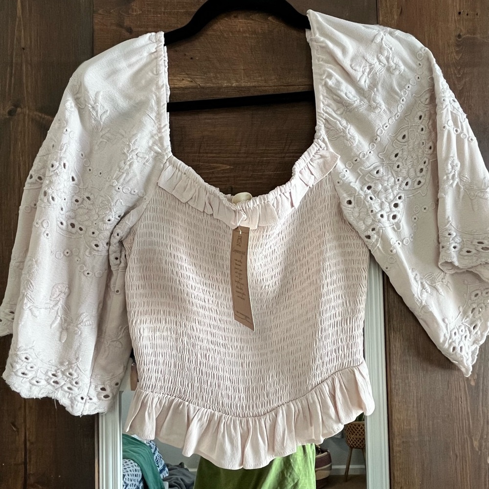 Smocked Eyelet Puff-Sleeve Top in Light Pink